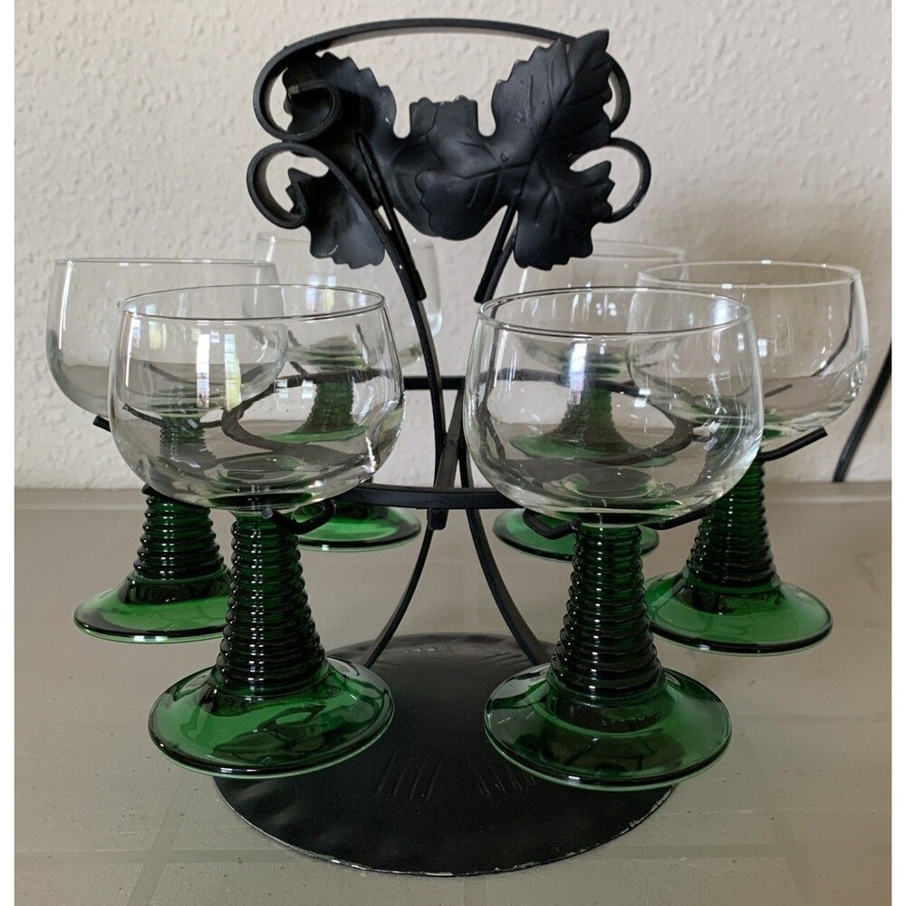 Vintage Luminarc France Beehive Wine Glasses Green Clear Iron Holder 7